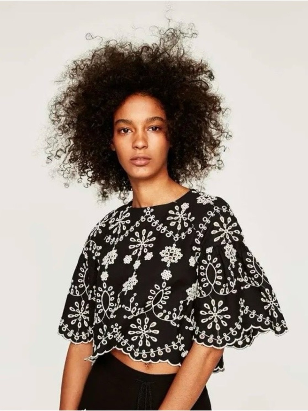 Zara Black eyelet crop Top with White Embroidery